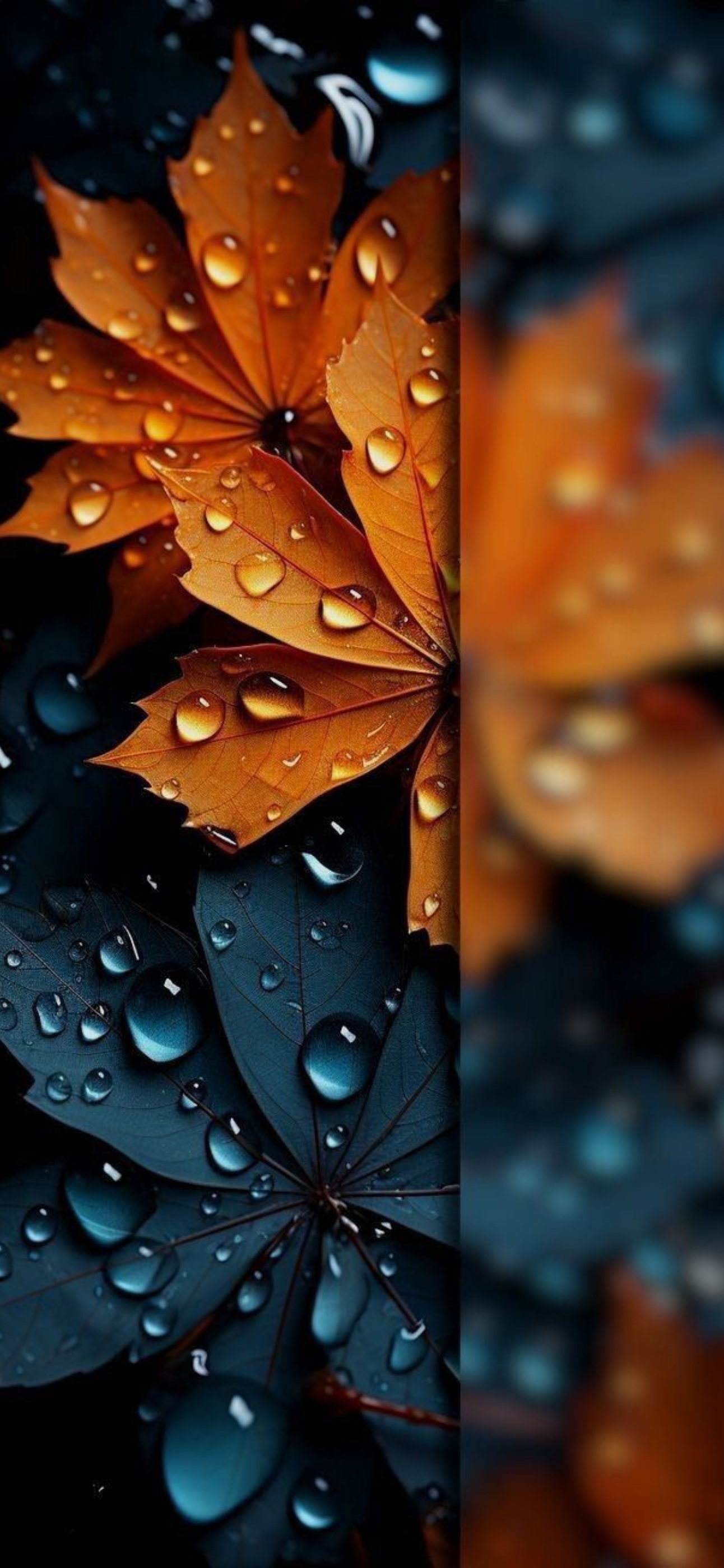 Vibrant autumn leaves with water droplets in orange and dark blue hues | 4K Wallpaper for Mobile.