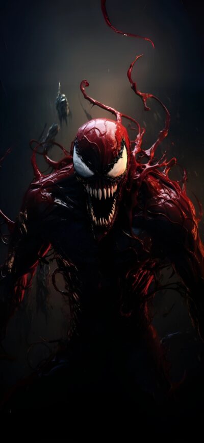 Carnage with dark tendrils and menacing gaze, capturing his chaotic essence in red and black tones | 4K Wallpaper for Mobile