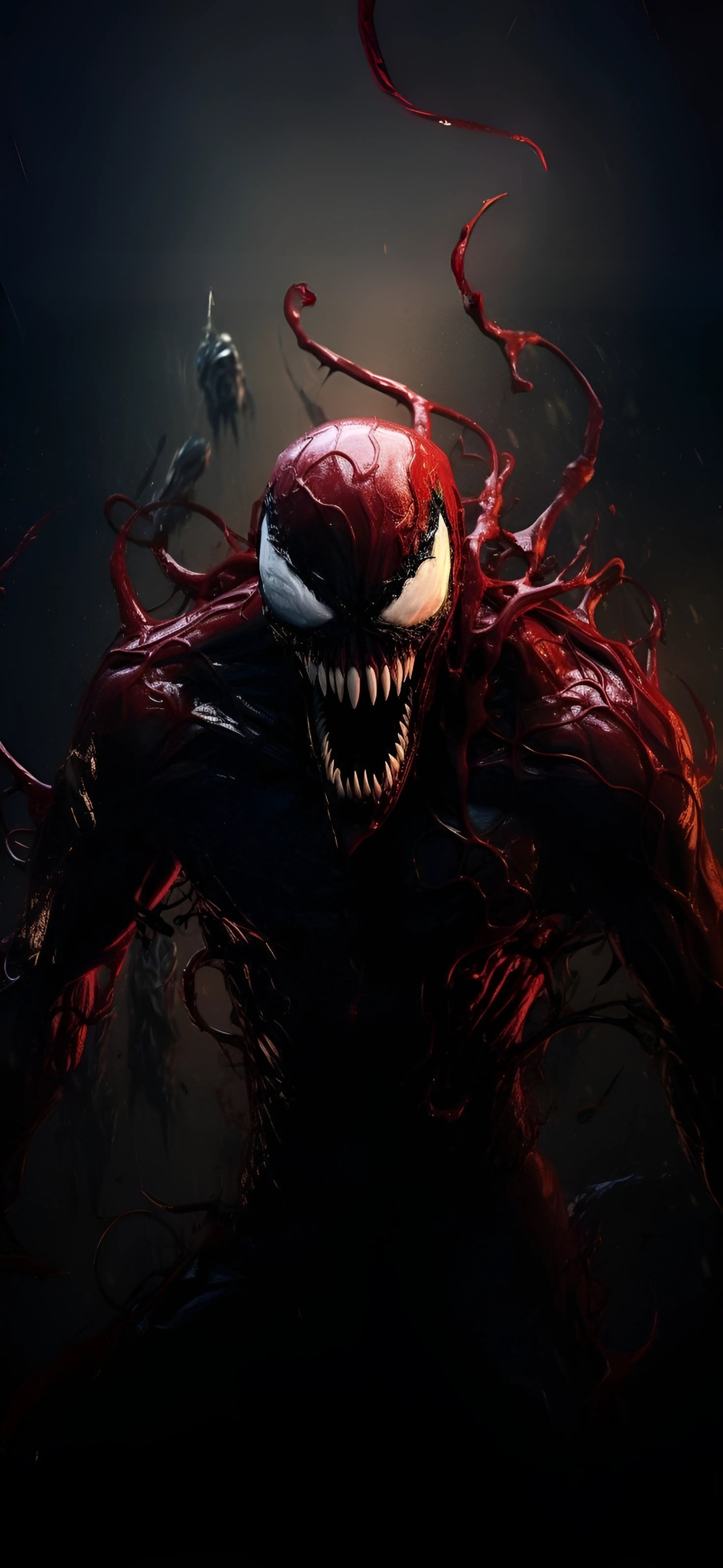 Carnage with dark tendrils and menacing gaze, capturing his chaotic essence in red and black tones | 4K Wallpaper for Mobile