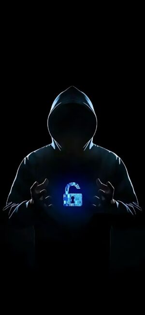 Mysterious figure in cloak with glowing padlock symbol, symbolizing cybersecurity and hacking | Black, blue colors | 4K Wallpaper for Mobile.