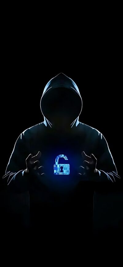 Mysterious figure in cloak with glowing padlock symbol, symbolizing cybersecurity and hacking | Black, blue colors | 4K Wallpaper for Mobile.