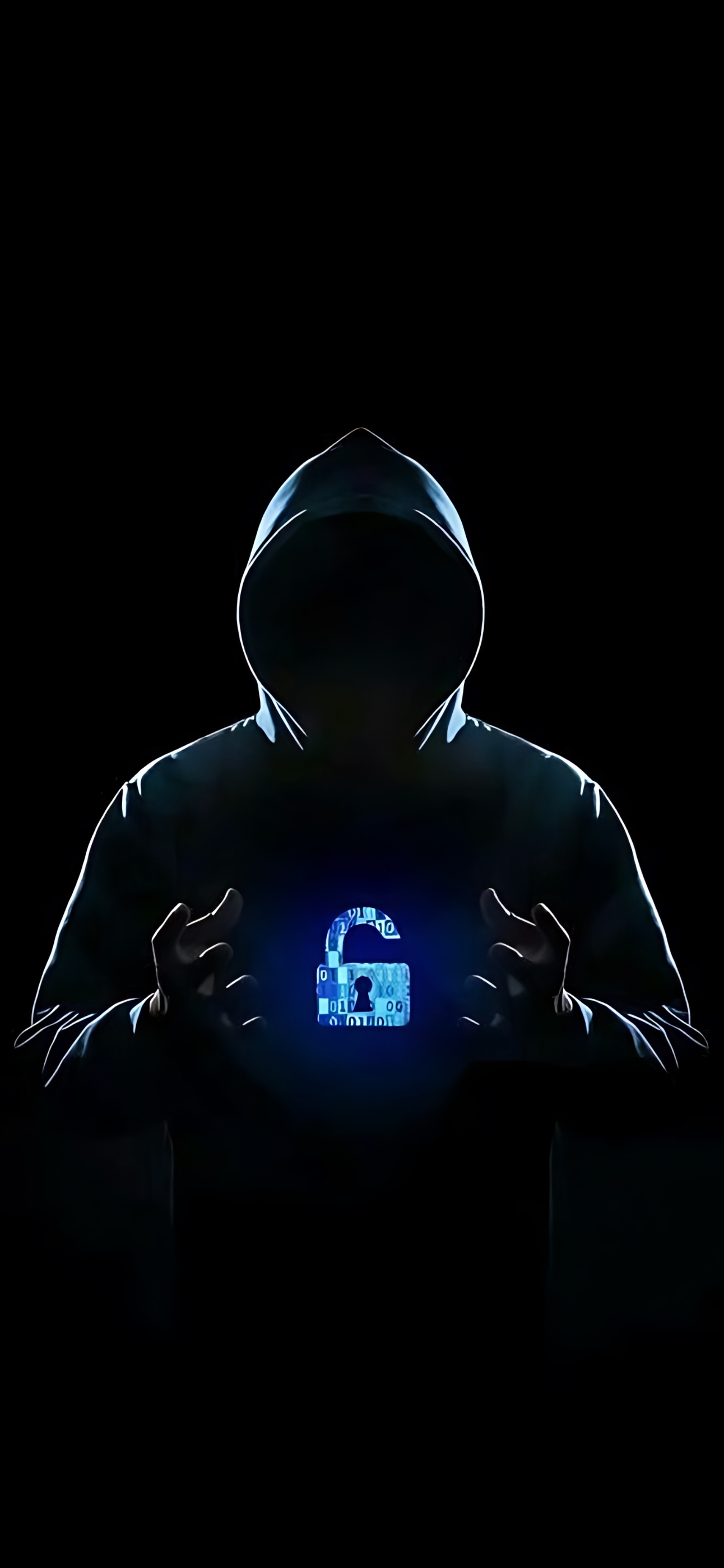 Mysterious figure in cloak with glowing padlock symbol, symbolizing cybersecurity and hacking | Black, blue colors | 4K Wallpaper for Mobile.