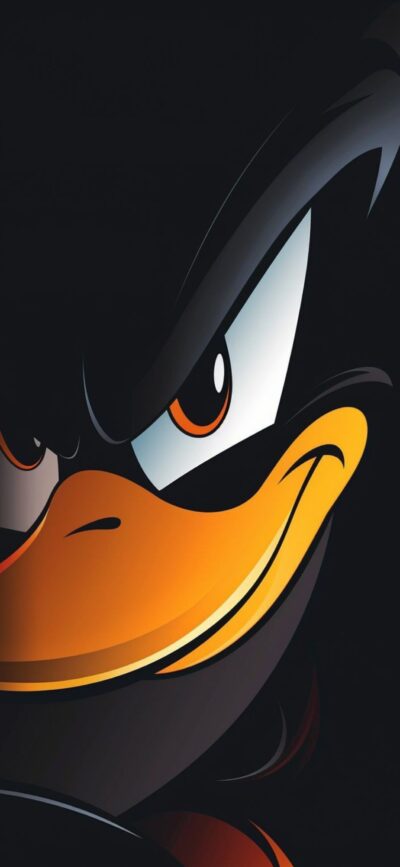 Cartoon duck with a mischievous look in dark colors, accented with orange and yellow. | 4K Wallpaper for Mobile