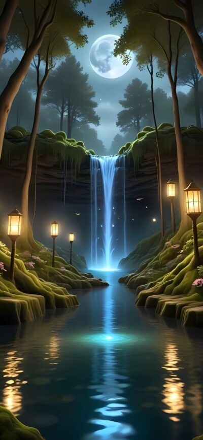 Serene fantasy landscape with moonlit waterfall, lush foliage, and lanterns in enchanted forest | 4K Wallpaper for Mobile