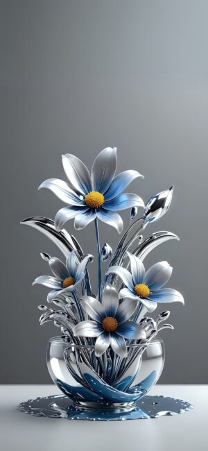 Metallic blue and silver flowers with yellow centers in a glass vase create a modern floral display | 4K Wallpaper for Mobile