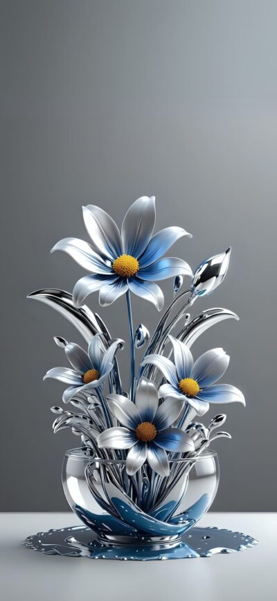 Metallic blue and silver flowers with yellow centers in a glass vase create a modern floral display | 4K Wallpaper for Mobile