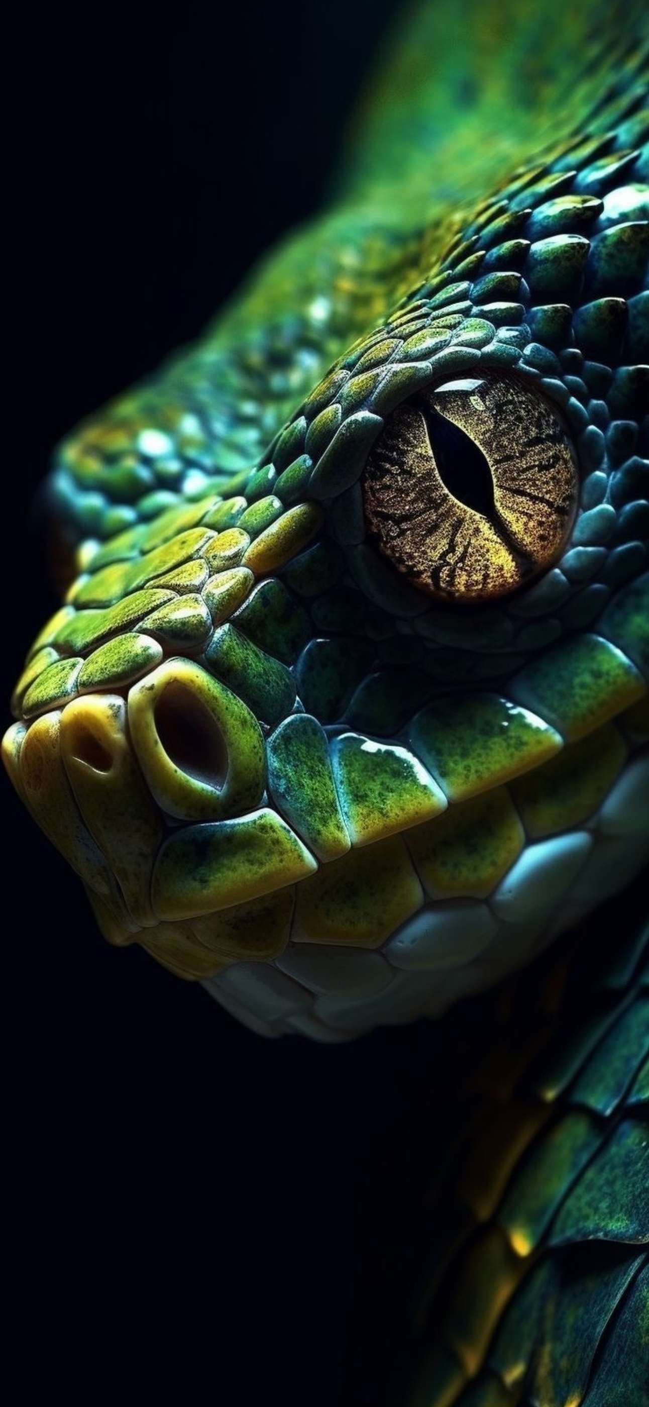 Close-up of a snake showcasing detailed scales and bright eye, featuring green, yellow, black hues. | 4K Wallpaper for Mobile