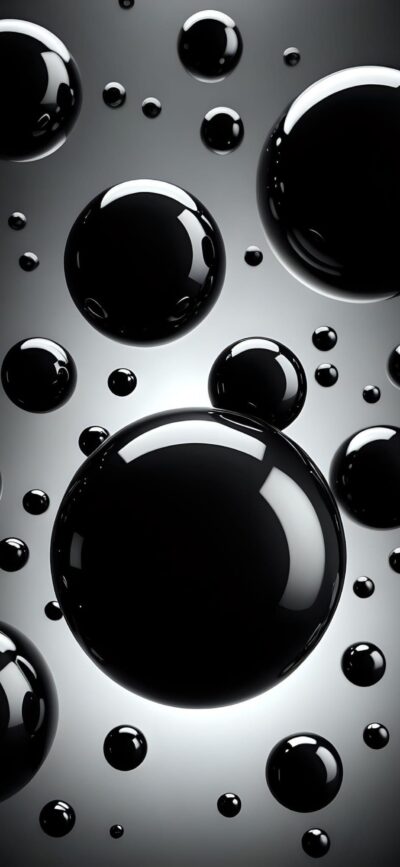 'Abstract glossy black spheres on grey background | Modern minimalist aesthetic | 4K Wallpaper for Mobile | Black & Grey themes'