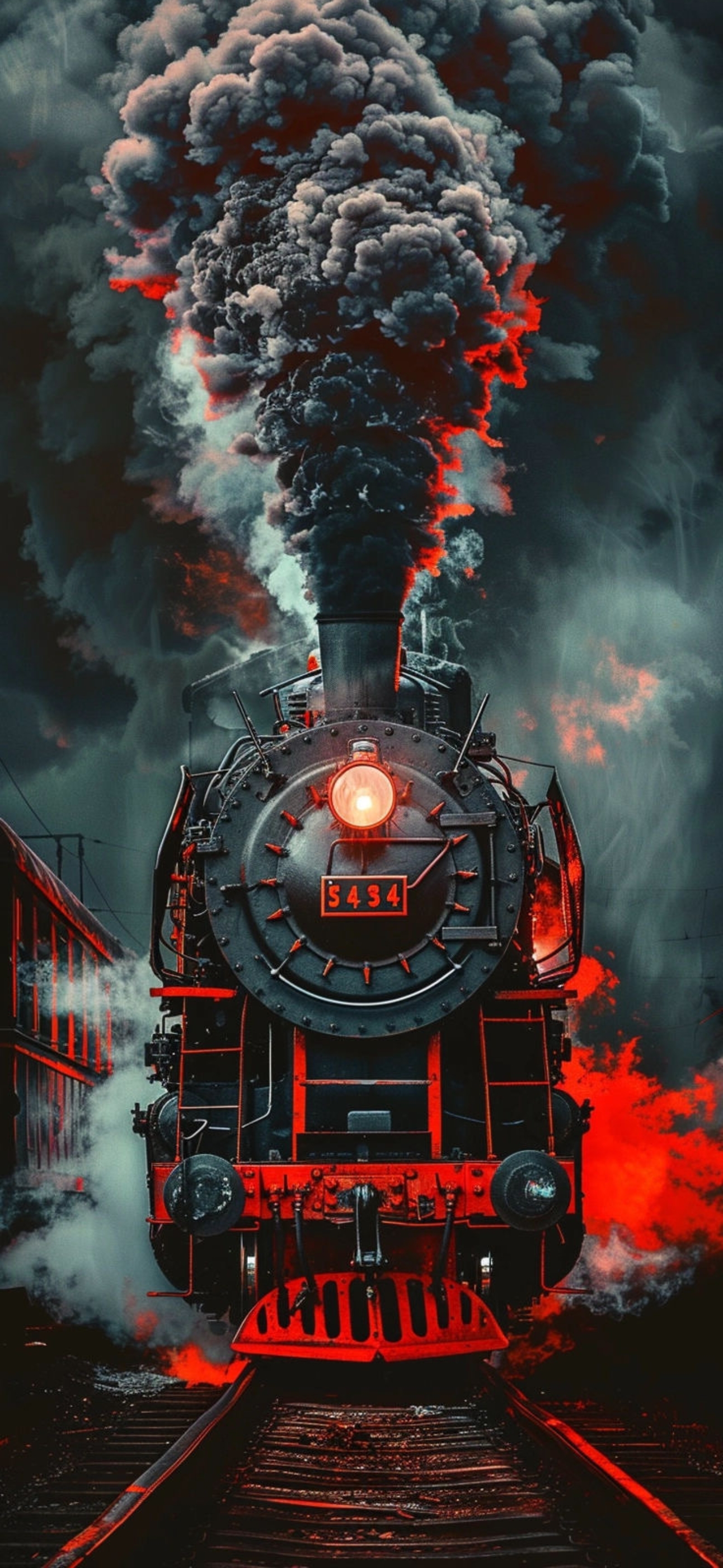 Dramatic steam locomotive in vibrant red and black, billowing smoke on tracks, for Mobile | 4K Wallpaper.