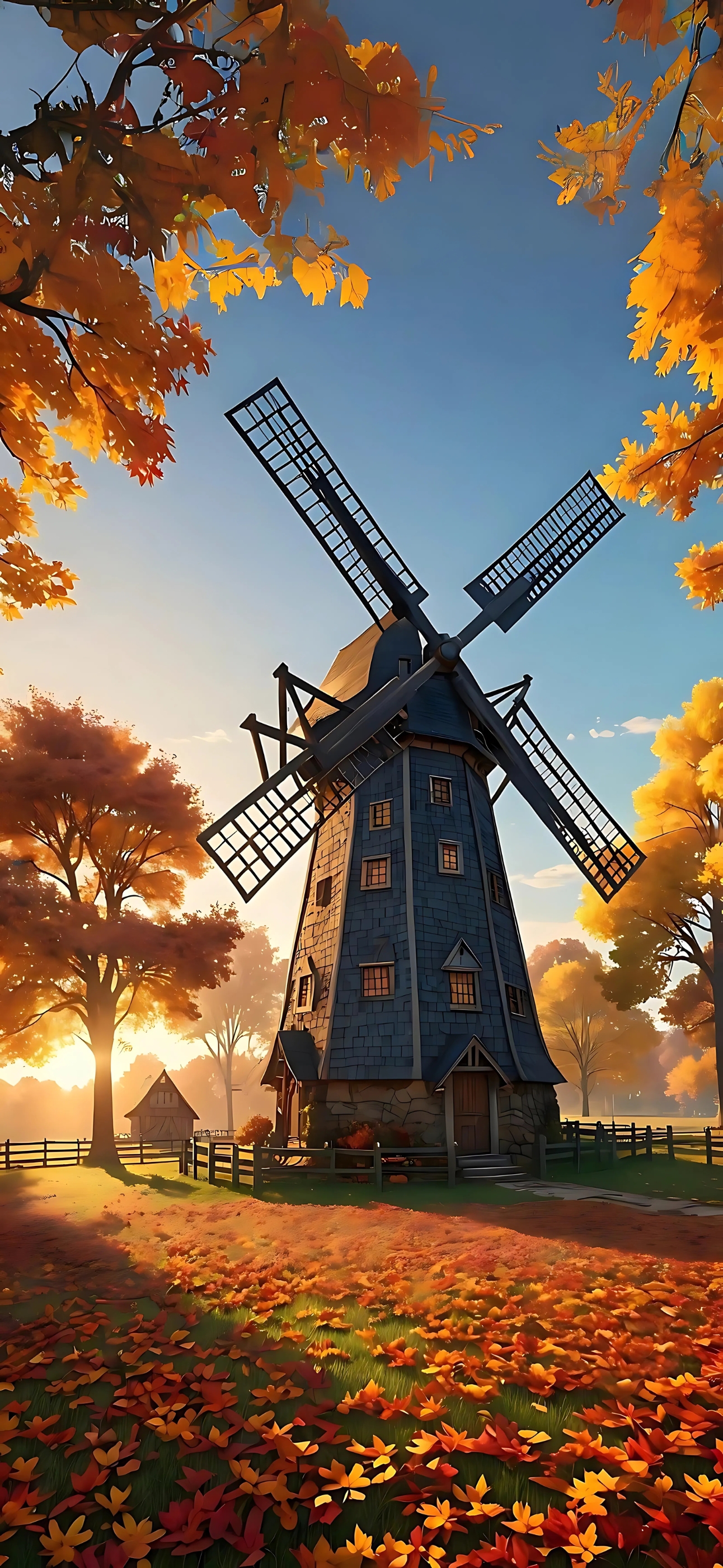 Autumn windmill surrounded by vibrant orange and yellow foliage under a clear blue sky, casting a warm glow. | 4K Wallpaper for Mobile