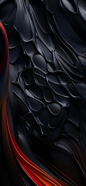 Abstract design with smooth curves, glossy black and deep red shades. A flowing, liquid appearance | 4K Wallpaper for Mobile