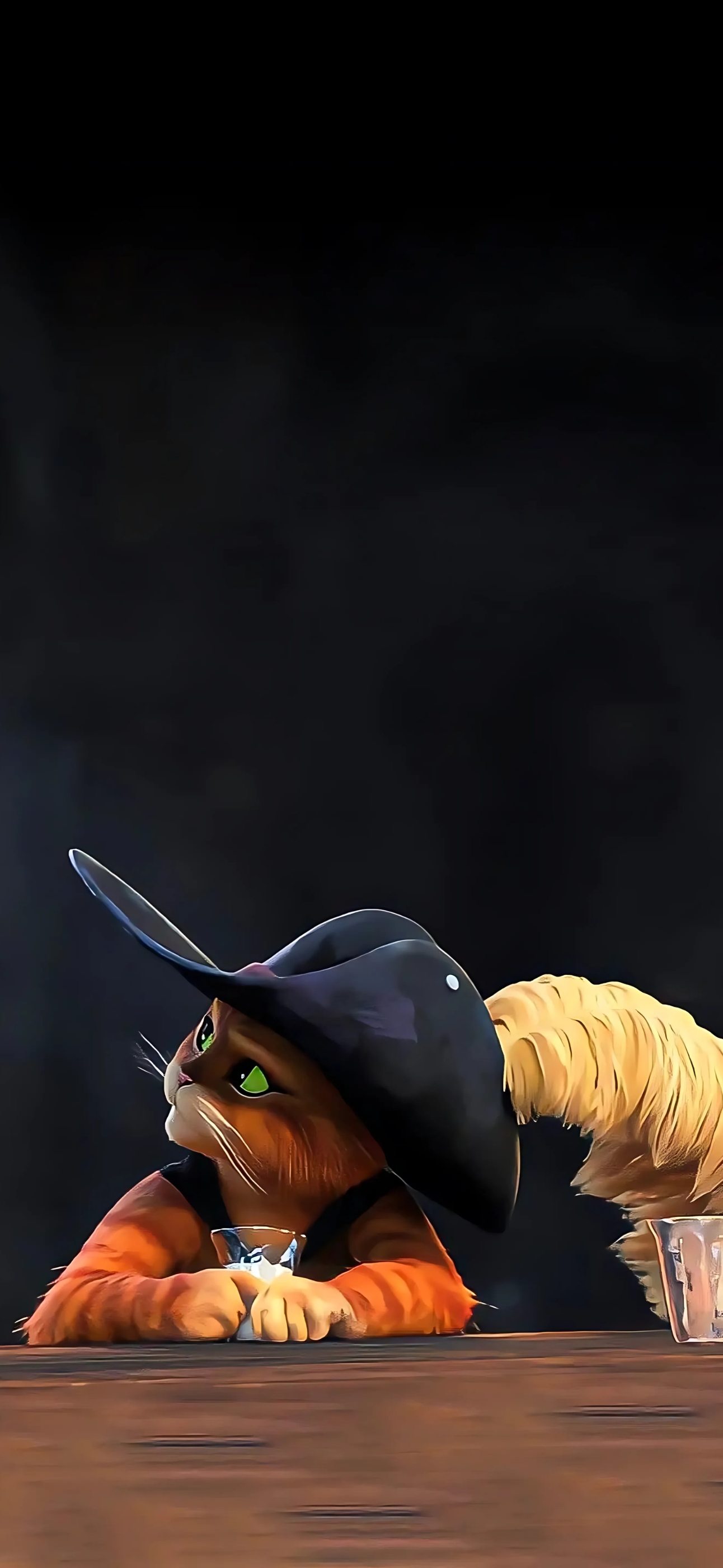 Puss in Boots in iconic hat & cape | Bold black, orange, brown hues | 4K Wallpaper for Mobile