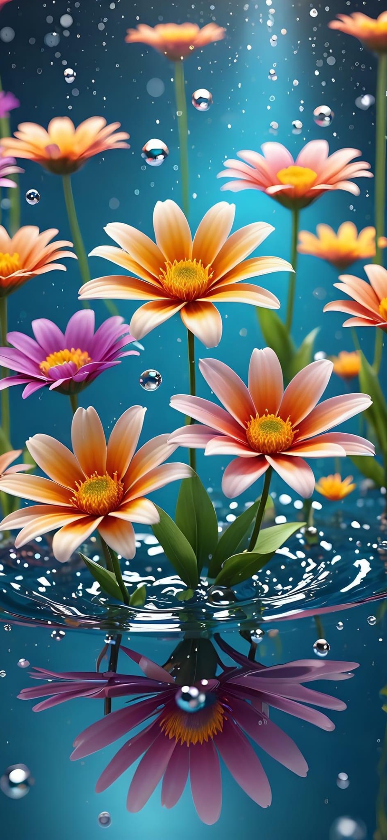 'Vibrant flowers and bubbles underwater in dreamy colors: orange, pink, purple on deep blue | 4K Wallpaper for Mobile'.