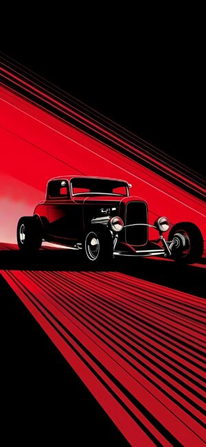 Vintage hot rod car on dynamic red and black background with angular lines, minimalist yet vibrant. | 4K Wallpaper, for Mobile