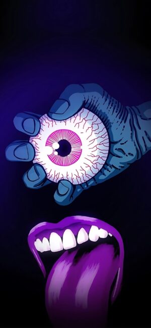 Surreal abstract wallpaper with a hand holding an eyeball, and a vivid purple mouth with an extended tongue. | 4K Wallpaper for Mobile