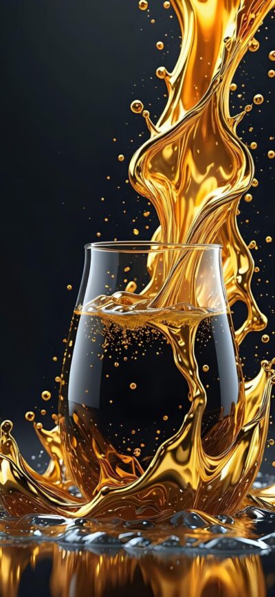 Golden liquid splash in a glass with sparkling droplets | Luxurious and elegant | Gold & black tones | 4K Wallpaper for Mobile