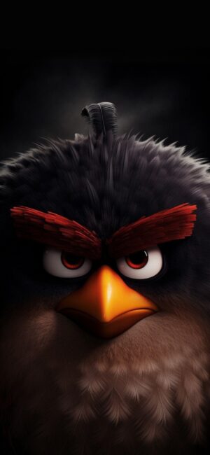 Angry Birds character portrait with orange beak, red eyebrows, black and grey feathers on dark background | 4K Wallpaper for Mobile