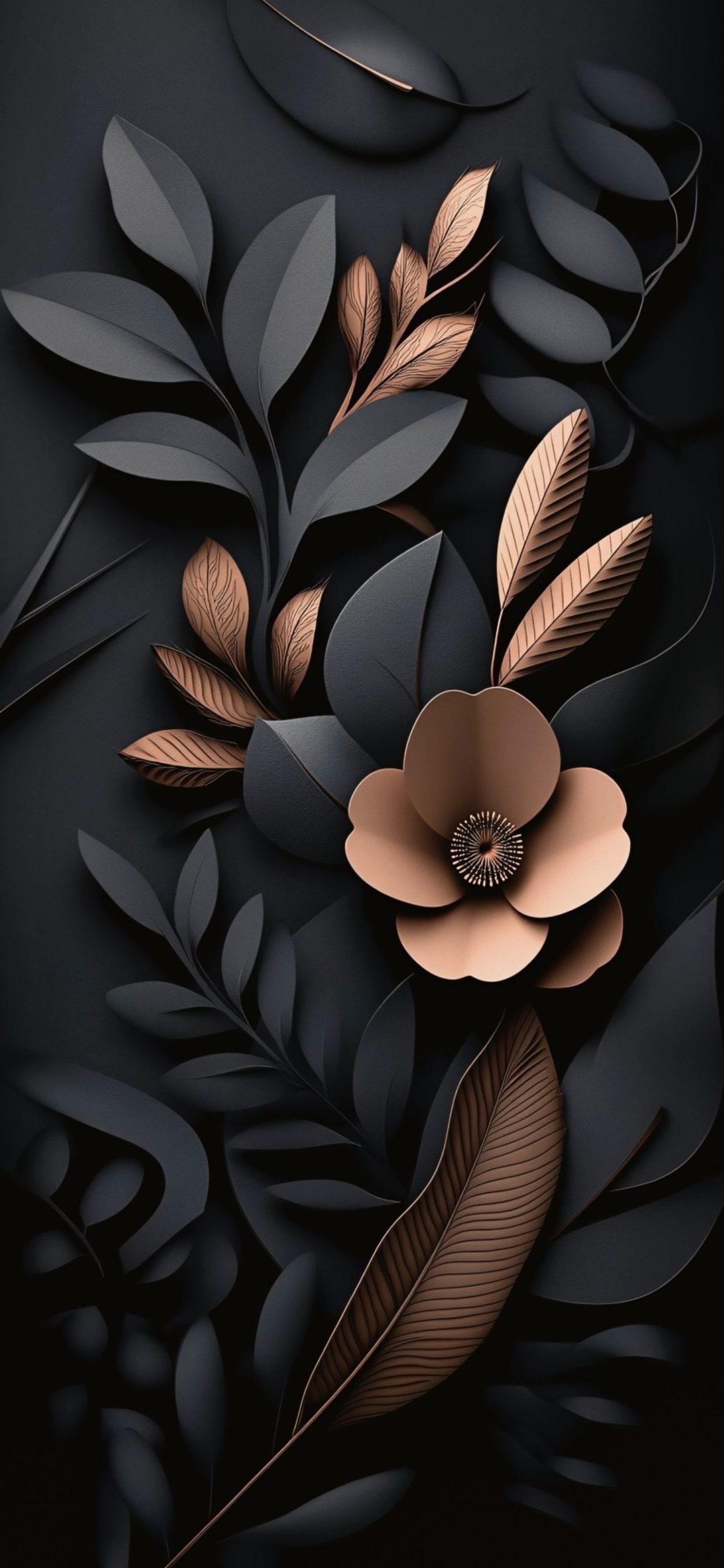 4K Abstract Floral Design | Black & Copper | Mobile Wallpaper | Features intricate details on a dark background for depth and contrast.