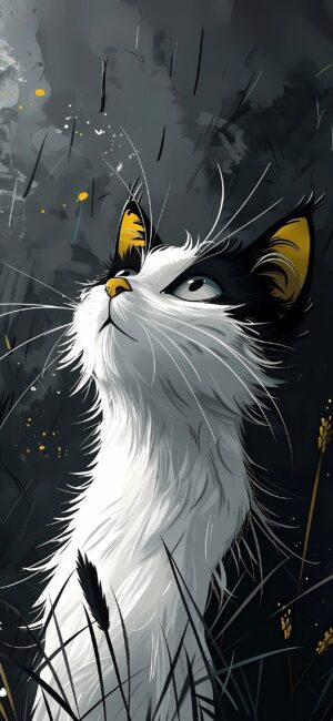 Stylized cat with white fur, yellow-tipped ears on dark background. Enchanting, mysterious design. | 4K Wallpaper for Mobile