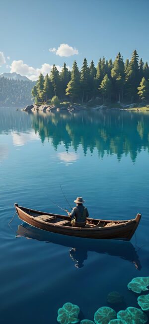 Serene fishing scene on tranquil lake reflecting forest and sky | Blue, Green, Brown theme | for Mobile | 4K Wallpaper