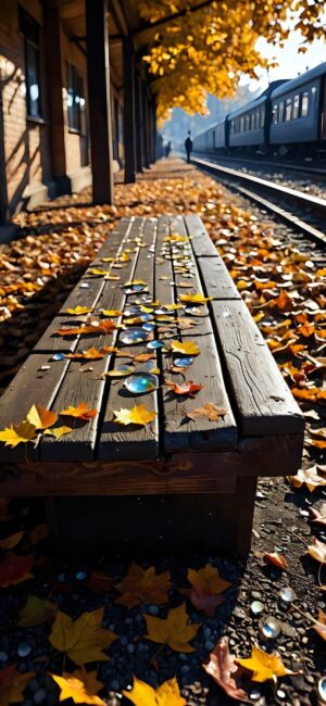 Autumn train station scene with leaves on a wooden bench and a distant silhouette; warm fall colors | 4K Wallpaper, for Mobile