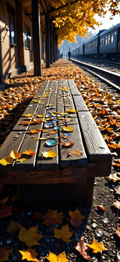 Autumn train station scene with leaves on a wooden bench and a distant silhouette; warm fall colors | 4K Wallpaper, for Mobile