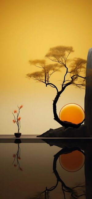 Serene landscape with bonsai and twisted trees at sunset, reflection in water. Minimalist, tranquil scene in yellow, black, orange. | 4K Wallpaper for Mobile