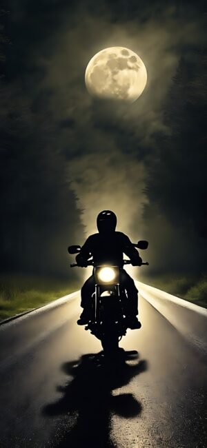 Silhouette of a motorcyclist on a dimly lit road under a full moon, exuding mystery and adventure | 4K Wallpaper for Mobile