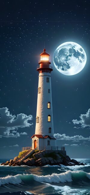 Lighthouse on rocky shore under full moon; starry sky & ocean waves create serene night scene for mobile | 4K Wallpaper