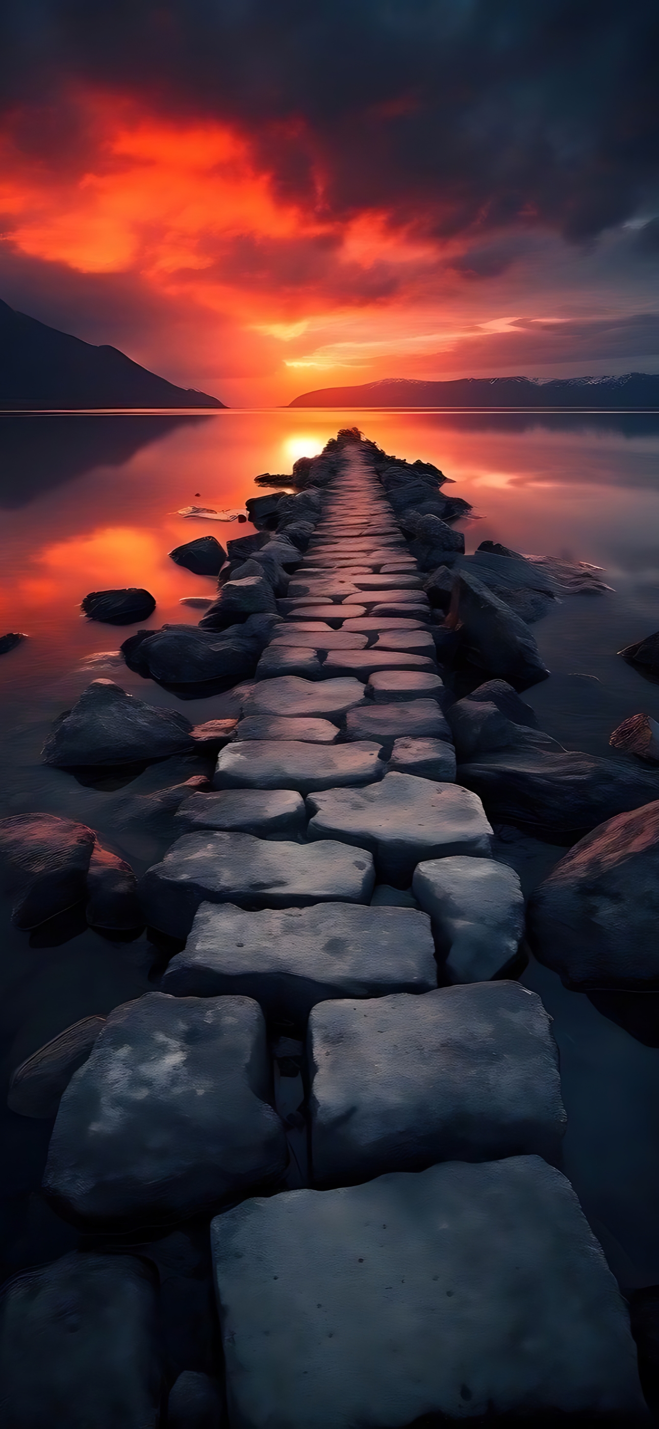 Stone pathway leading into a calm lake with a vibrant orange-red sunset reflecting on the water | 4K Wallpaper for Mobile