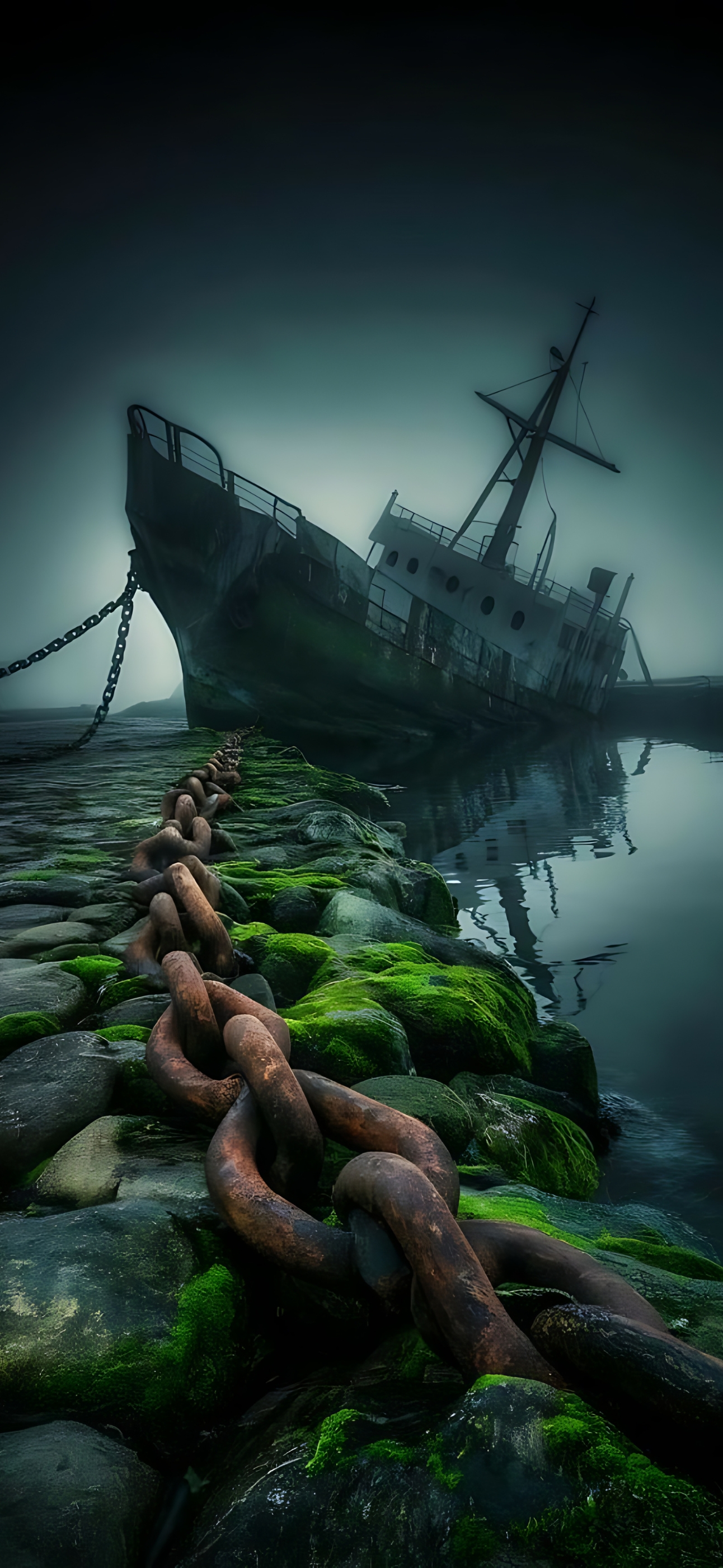 Abandoned shipwreck on rocky shore with rusted chain and misty backdrop in gray, green, and blue. Mysterious vibe | 4K Wallpaper for Mobile