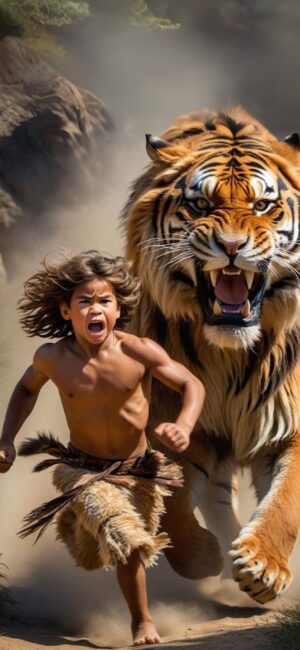 Young character running with tiger in a dense jungle setting, featuring brown, orange, and green tones | 4K Wallpaper for Mobile