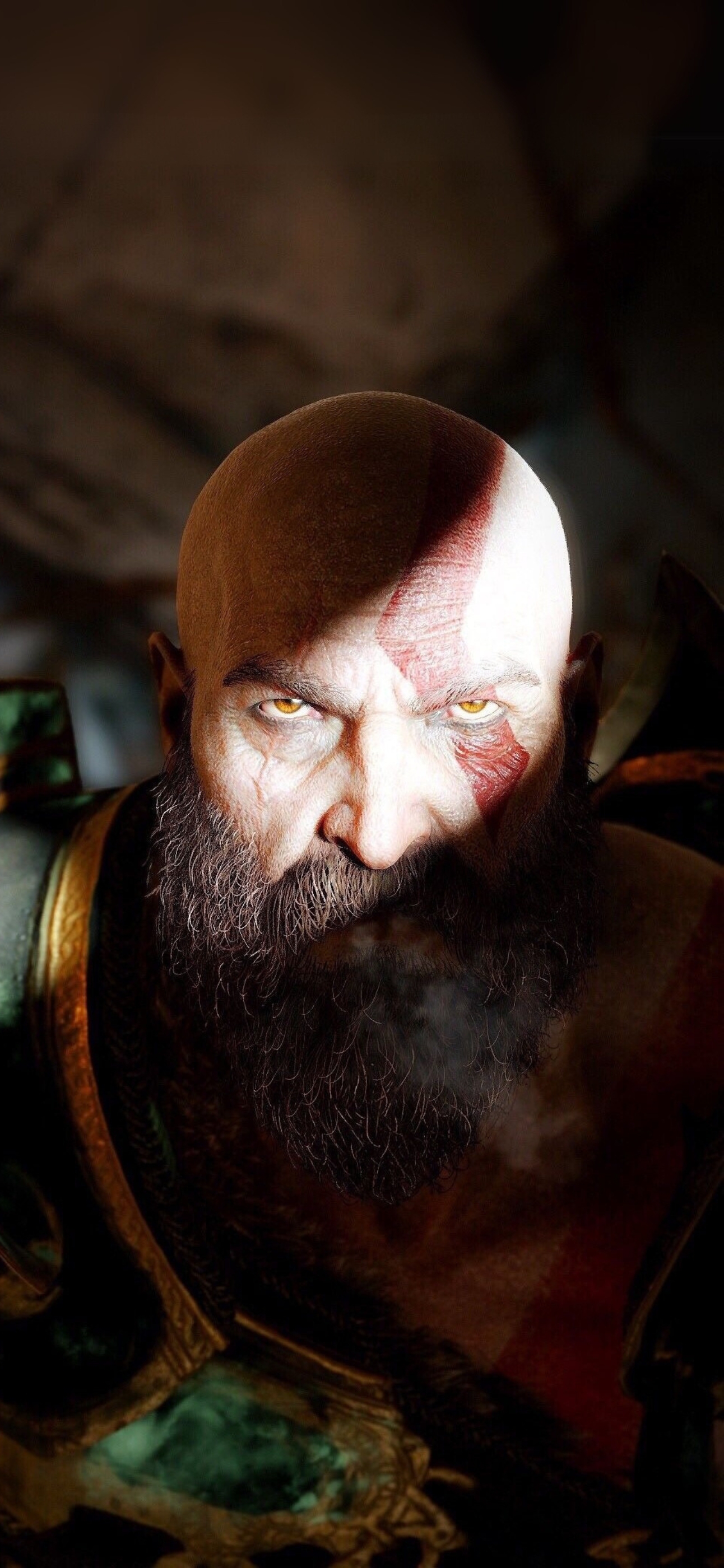 Kratos from 'God of War' with intense gaze & glowing eyes in iconic armor on a dark background | 4K Wallpaper for Mobile