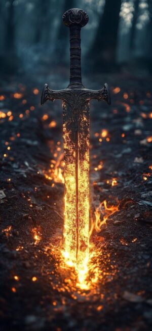 Mystical fiery sword in dark forest with glowing embers, epic fantasy setting | 4K Wallpaper for Mobile | Black, Orange, Red