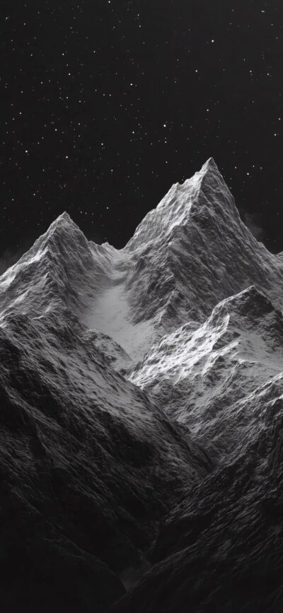 Majestic black & white mountain range under a starry sky, snow-capped peaks for a serene landscape | 4K Wallpaper for Mobile