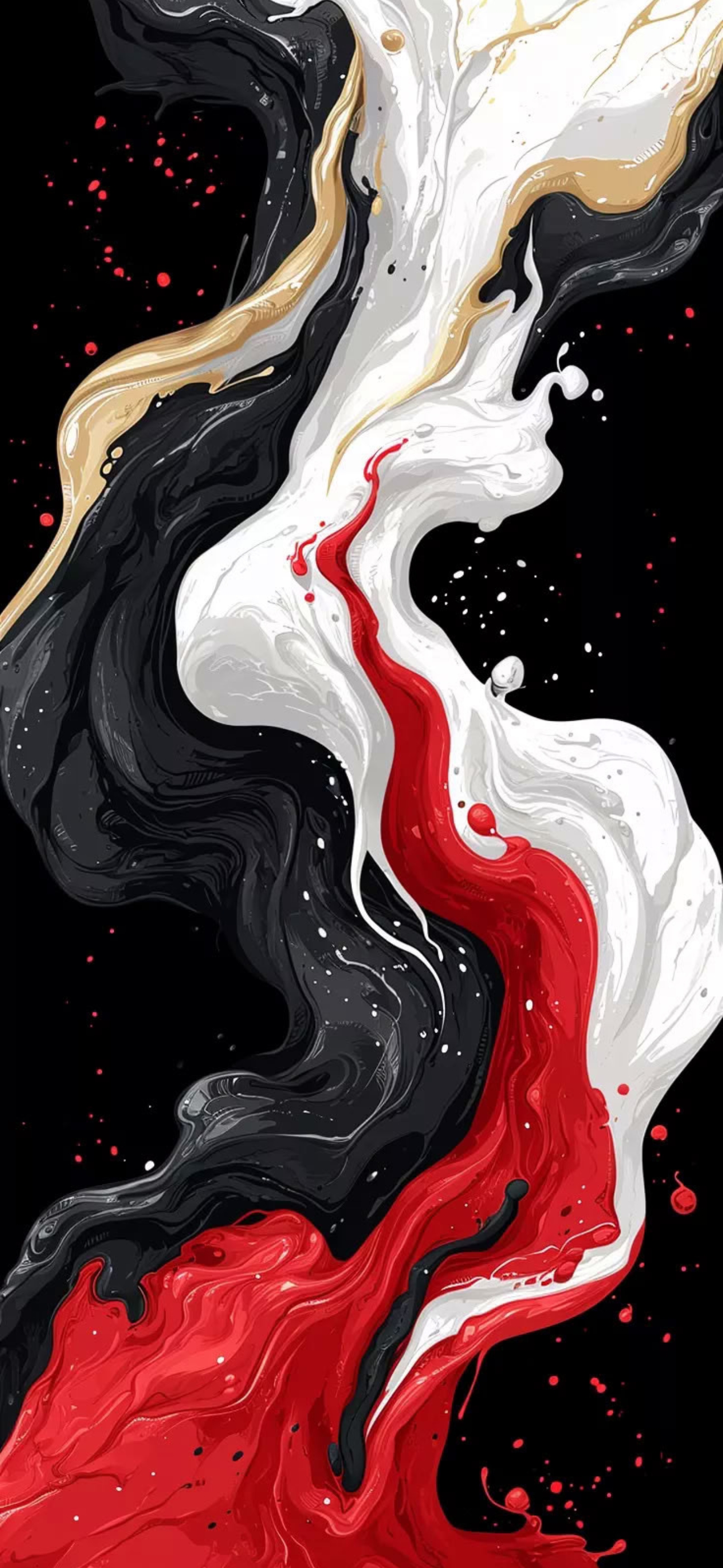 Abstract swirling patterns in black, white, red, and gold; dynamic, energetic design | 4K Wallpaper for Mobile