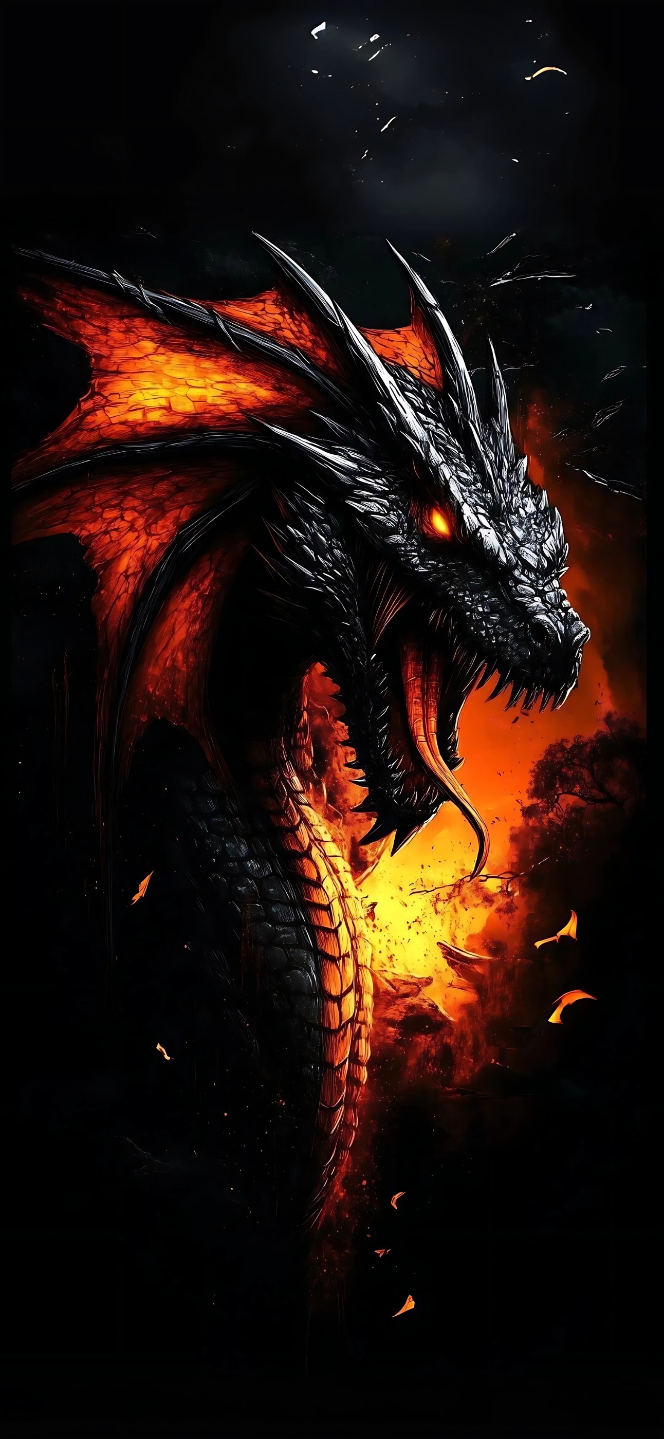 Fierce dragon with glowing orange eyes & fiery wings against dark smoke. Mythical theme. | 4K Wallpaper for Mobile