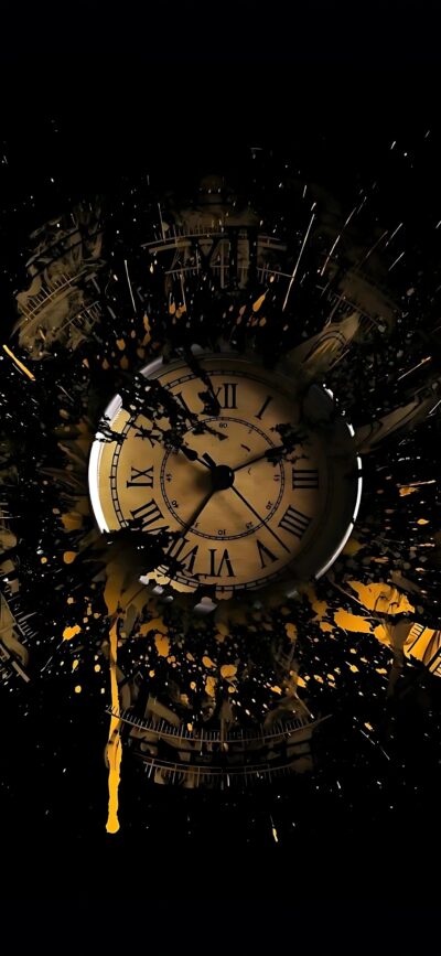 Artistic clock face with Roman numerals, black and gold paint splashes on dark background | 4K Wallpaper for Mobile