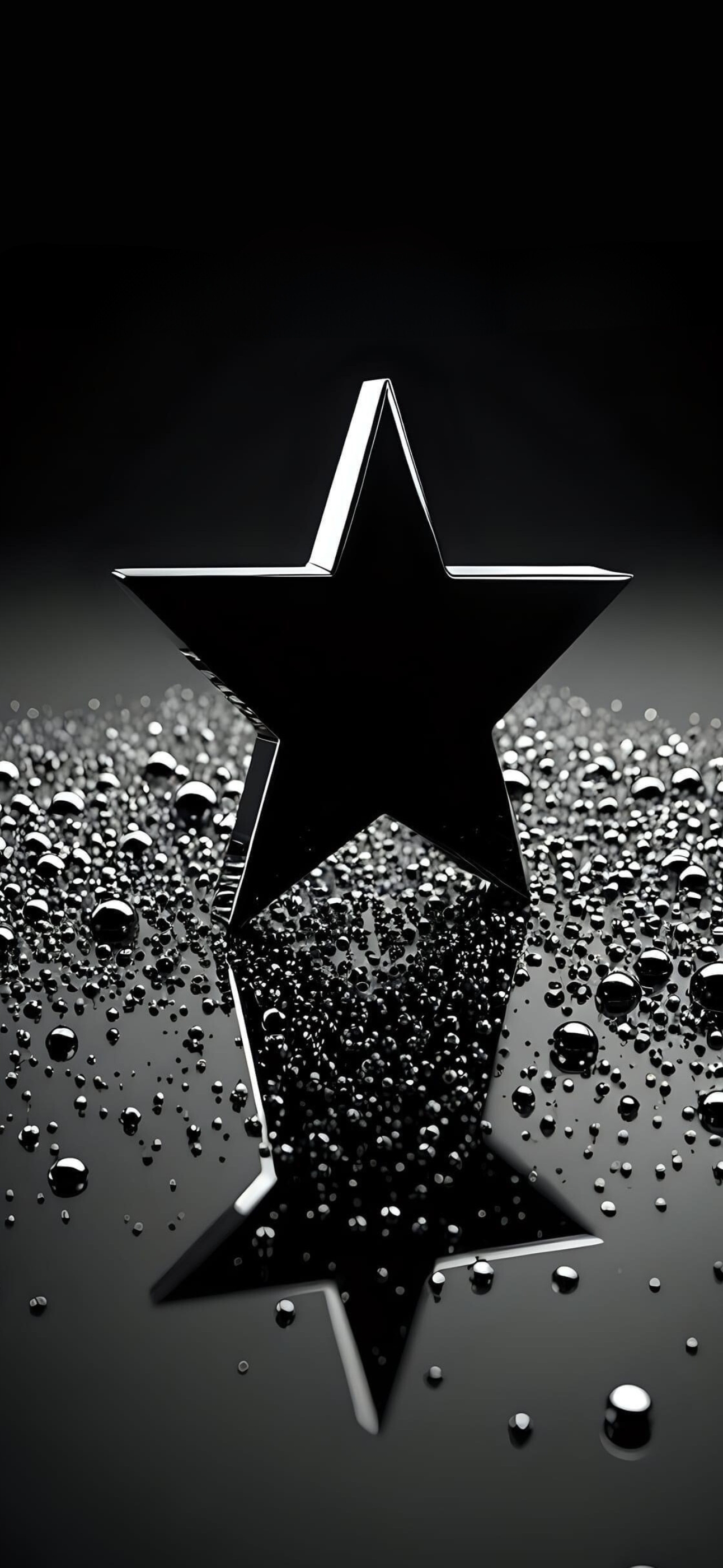 Star-shaped object on a black reflective surface with water droplets, featuring a sleek minimalist design. | 4K Wallpaper for Mobile