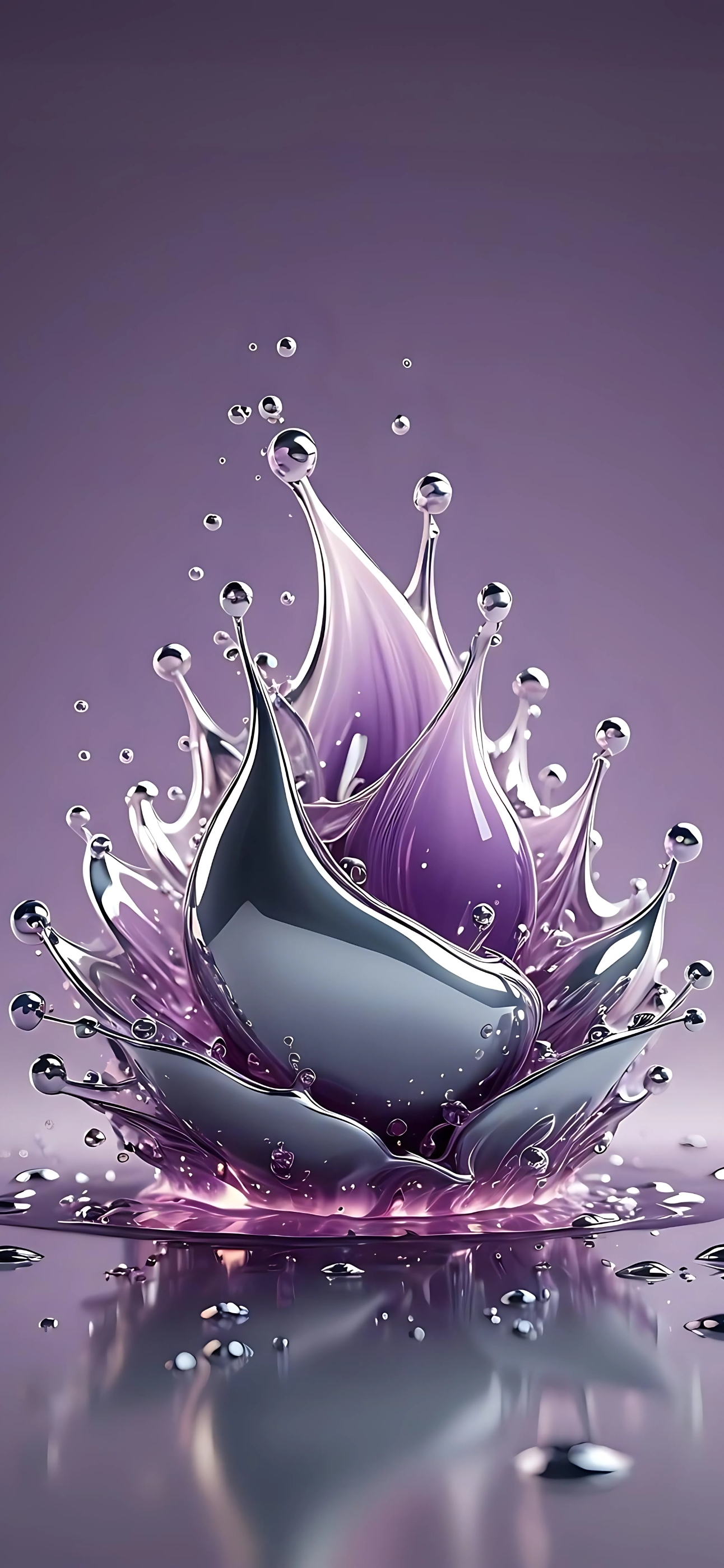 Abstract splash design in metallic and purple hues, resembling a liquid explosion or artistic flower formation. | 4K Wallpaper for Mobile