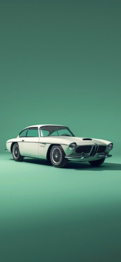 Vintage car on minimalist green background | Nostalgic luxury design | For Mobile | 4K Wallpaper | Green, White, Car, Vintage, Minimalism