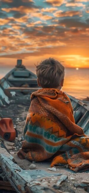 Child in a colorful blanket on a boat, gazing at orange-blue sunset over calm ocean | 4K Wallpaper for Mobile