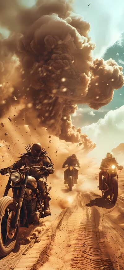 Three motorcyclists race through a desert sandstorm, capturing adventure and speed. | 4K Wallpaper, for Mobile