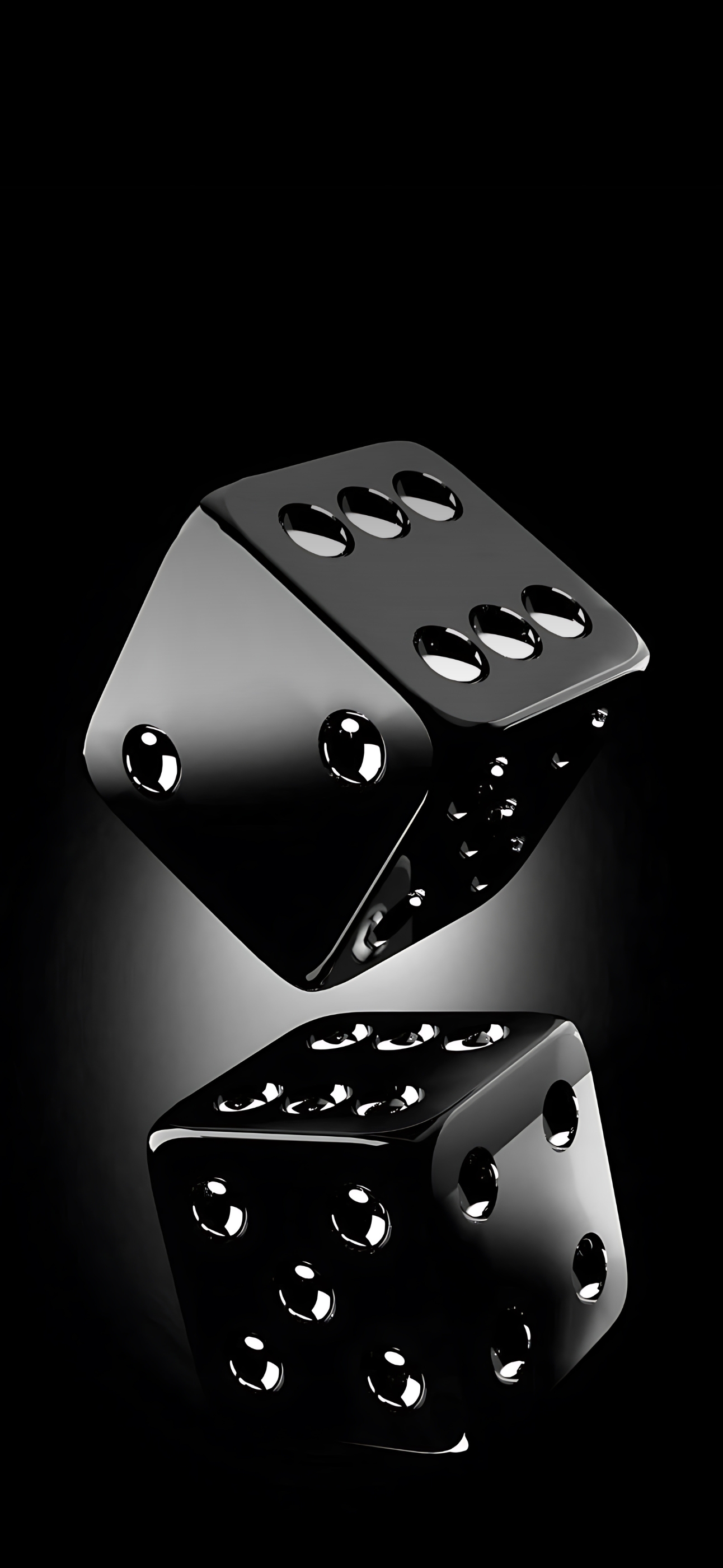 Glossy black dice on a dark background, sleek and modern | 4K Wallpaper, for Mobile