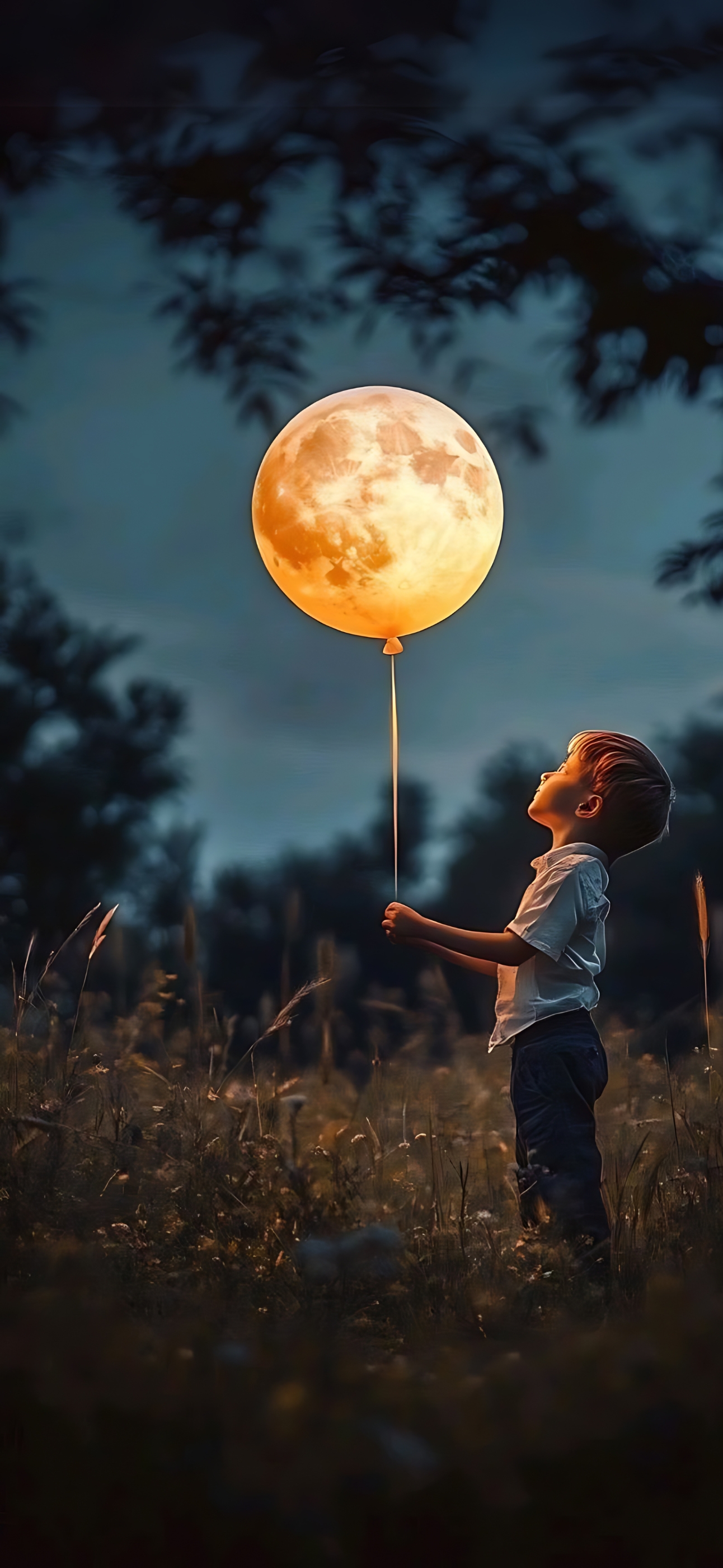 Boy with glowing moon balloon at dusk in tranquil field | 4K Wallpaper for Mobile. Ethereal and whimsical scene.