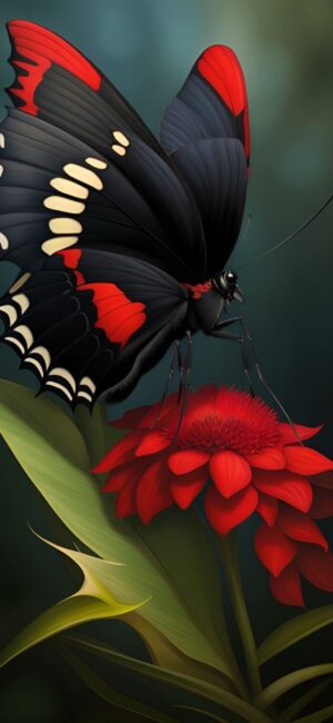 Black and red butterfly on a vibrant red flower with green foliage background | 4K Wallpaper, for Mobile.