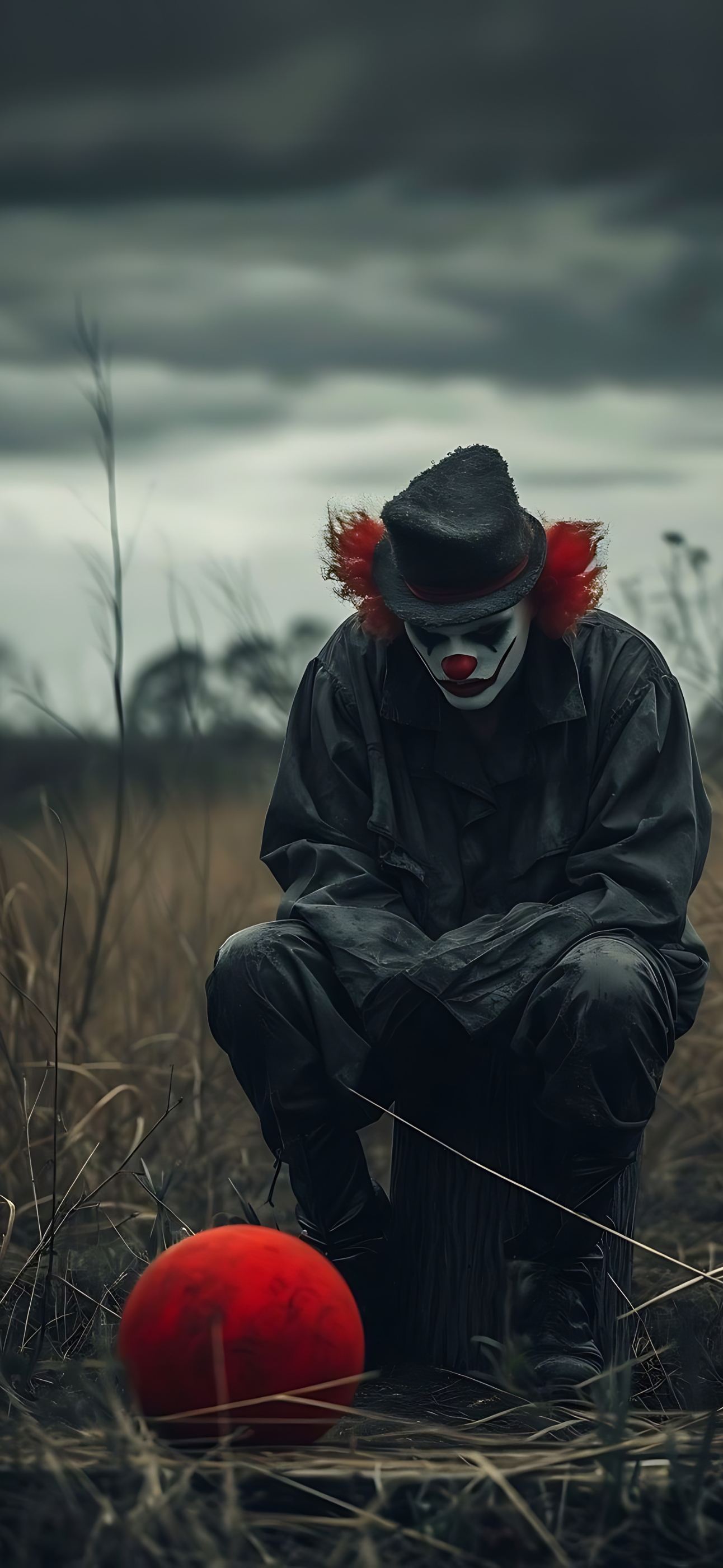 Spooky clown in a desolate field under dark clouds, with a red balloon for contrast. | 4K Wallpaper, for Mobile | Dark, Red, Black