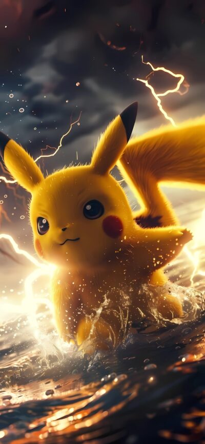 Pikachu in an electrifying lightning and dynamic water scene, showcasing yellow energy | 4K Wallpaper for Mobile