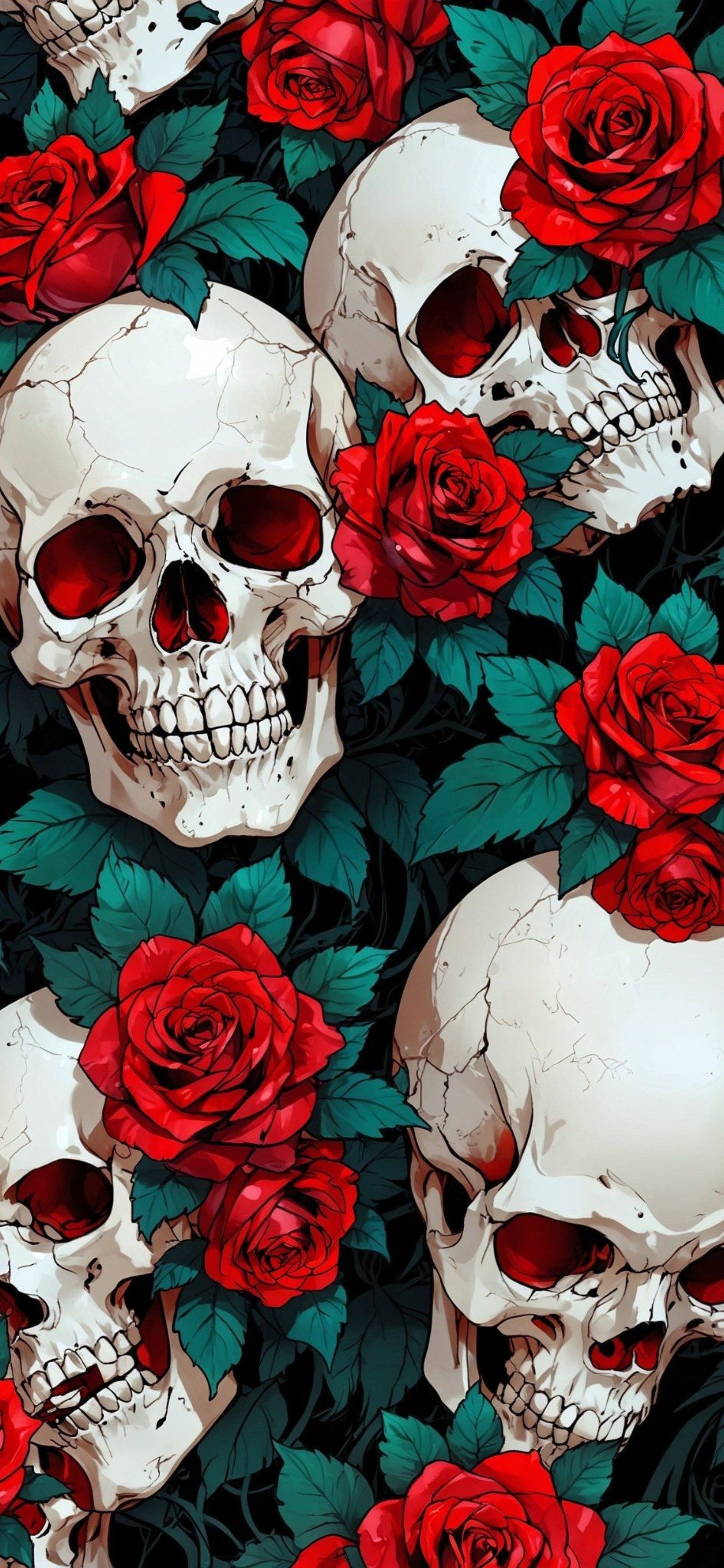 Skulls with vibrant red roses and dark leaves in a gothic theme | 4K Wallpaper for Mobile