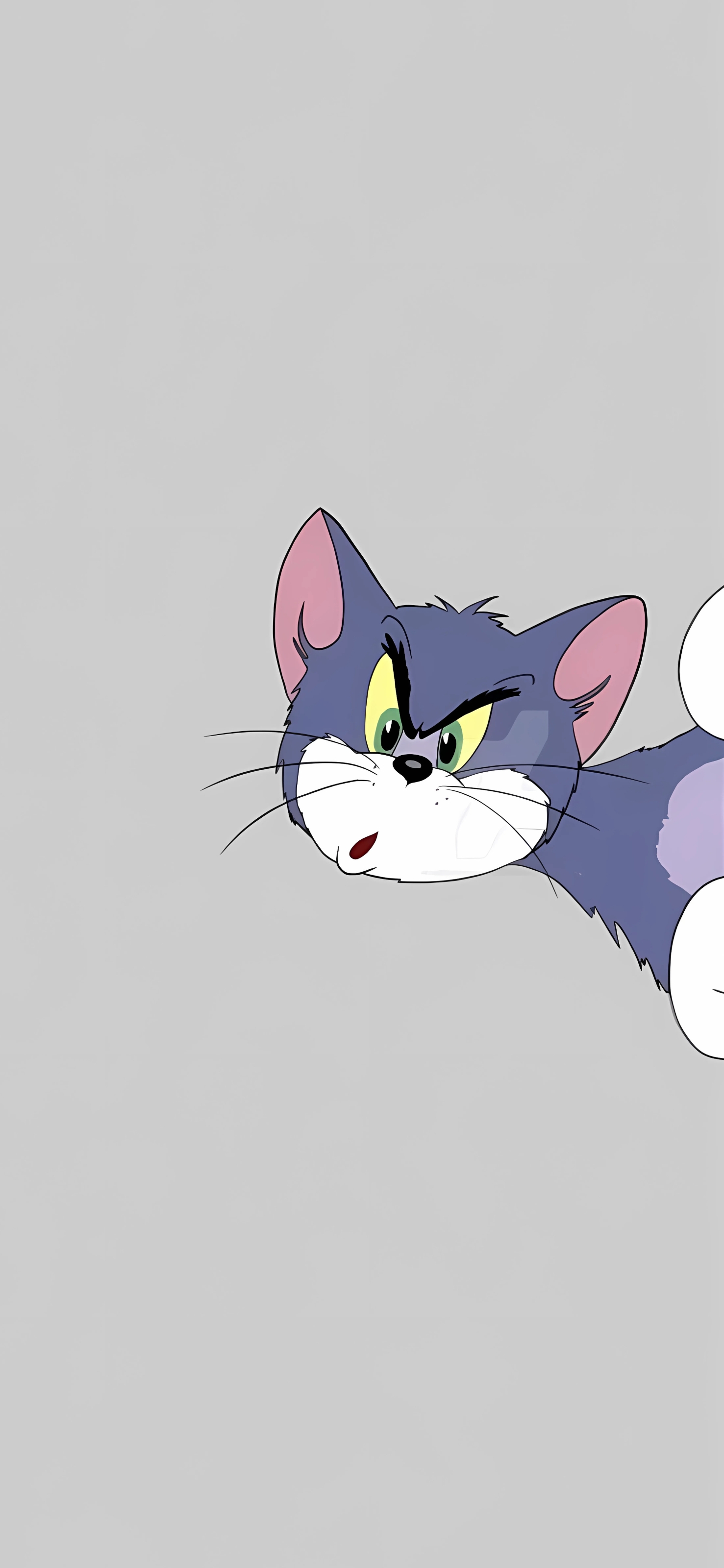 Tom the cat from "Tom and Jerry" with a curious, mischievous look. Gray, blue, white tones. | 4K Wallpaper for Mobile